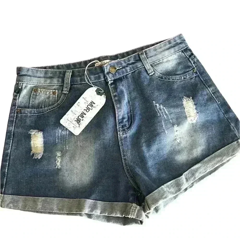 NWT Mur Mur Highrise Med Wash Distress Webbed Cuffed Denim Jean Shorts Size‎ L